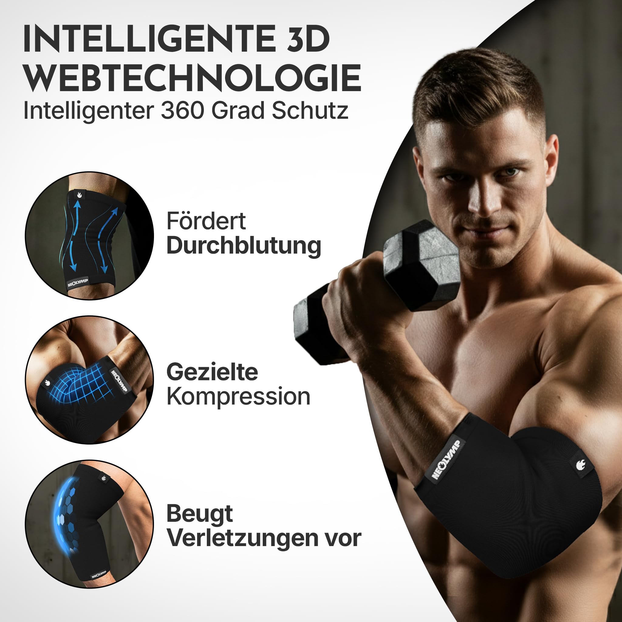 NEOLYMP Ellenbogenbandage Kraftsport – Kompressionsbandage für Bodybuilding, Tennisarm & Golferarm – Stabilität bei Dips & Push-Ups – Elastische Bandage (Schwarz, L | 31-36 cm)