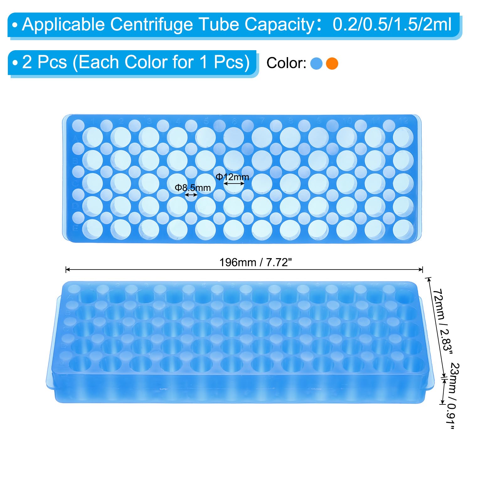 PATIKIL Gradilla Para Tubos De 60 Pozos 1 Juego Portatubos De Doble Panel Soportes Para Tubos De Microcentrífuga 0.2/0.5/1.5/2ml Azul Naranja