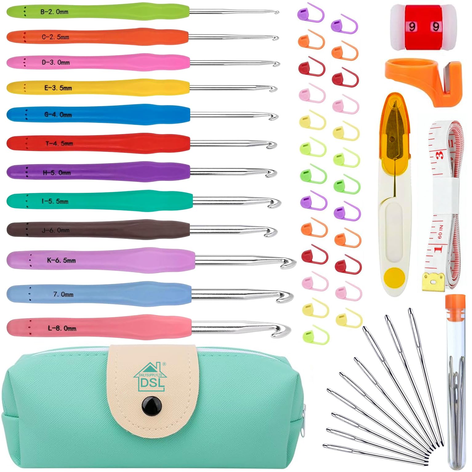 DSL Crochet Kit, 12 Crochet Hooks Set 2-8mm with Case & Accessories