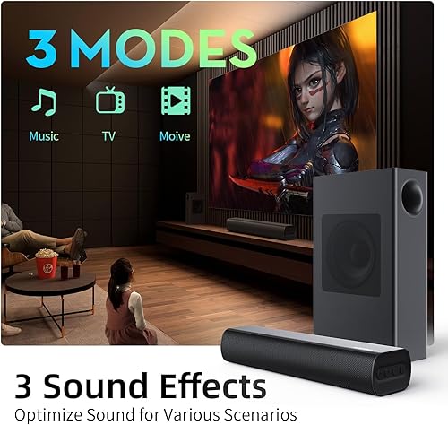 Miniatura 4 de Bluedee Barras de sonido para TV con subwoofer de 100 vatios, barra de montaje de 16 pulgadas, sistema envolvente de 2.1 canales, barra de sonido