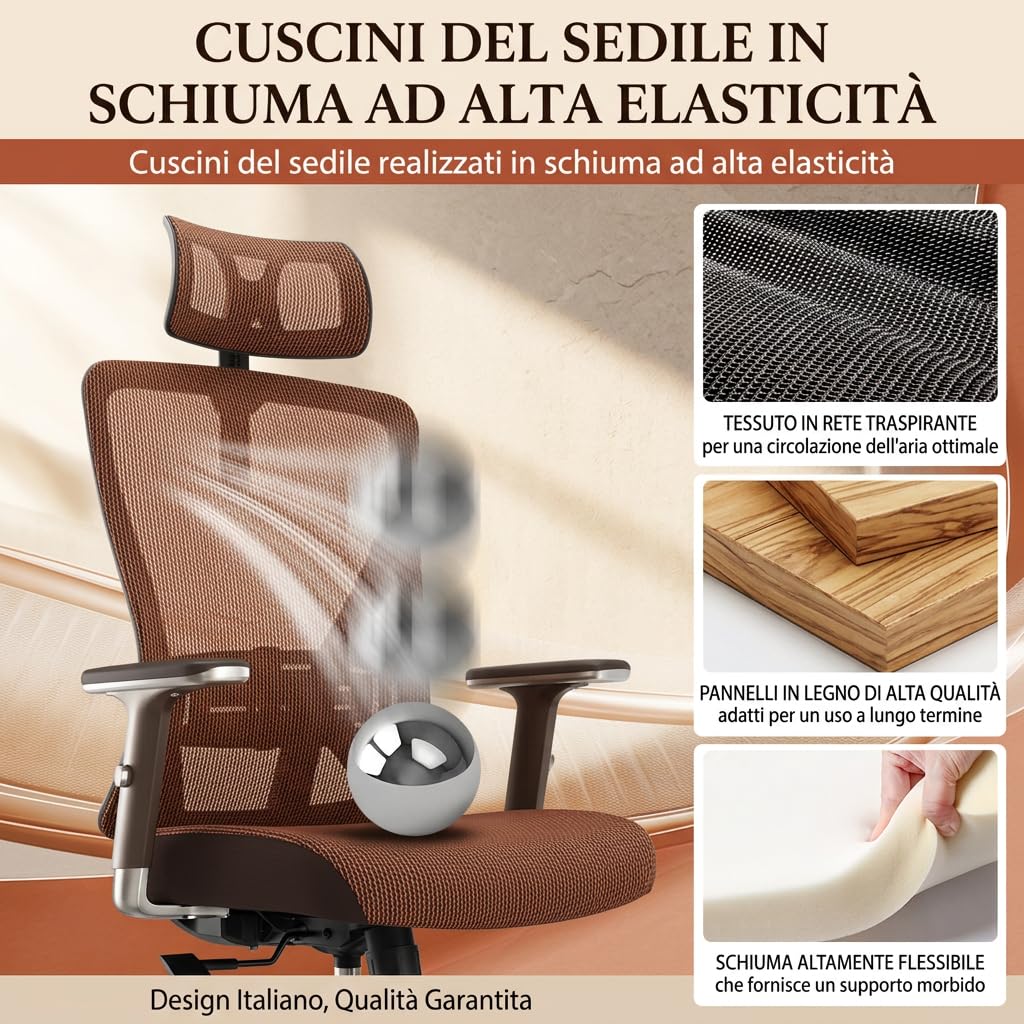 Sedia Ufficio Ergonomica con Poggiatesta 2D, Sedia da Scrivania Supporto Lombare Regolabile, Schienale in Rete Traspirante, Seduta Imbottita, Funzione Basculante 90°-130°, Nera