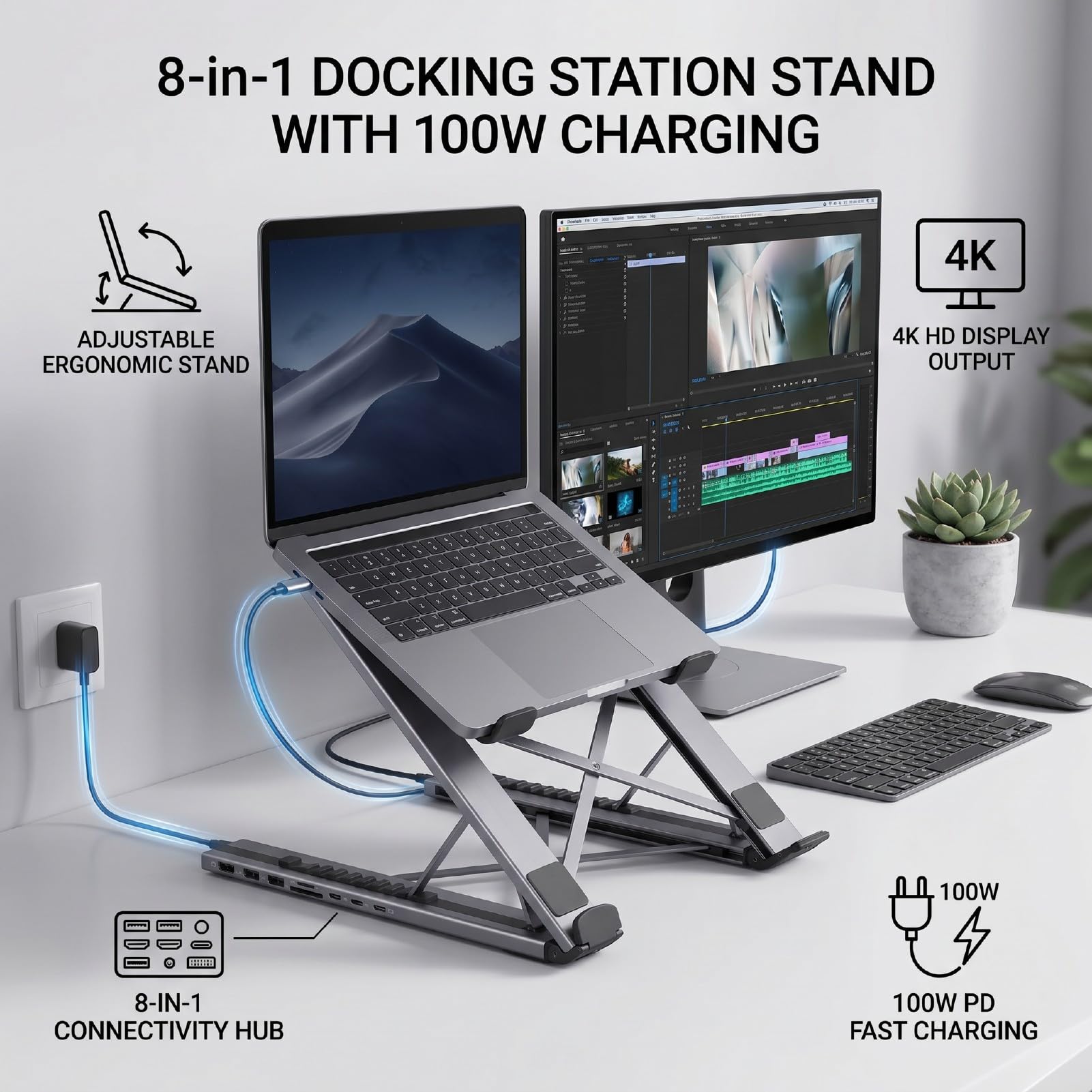 USB C Hub Stacja Dokująca, 8 w 1 Podstawa Aluminiowa z 100W PD