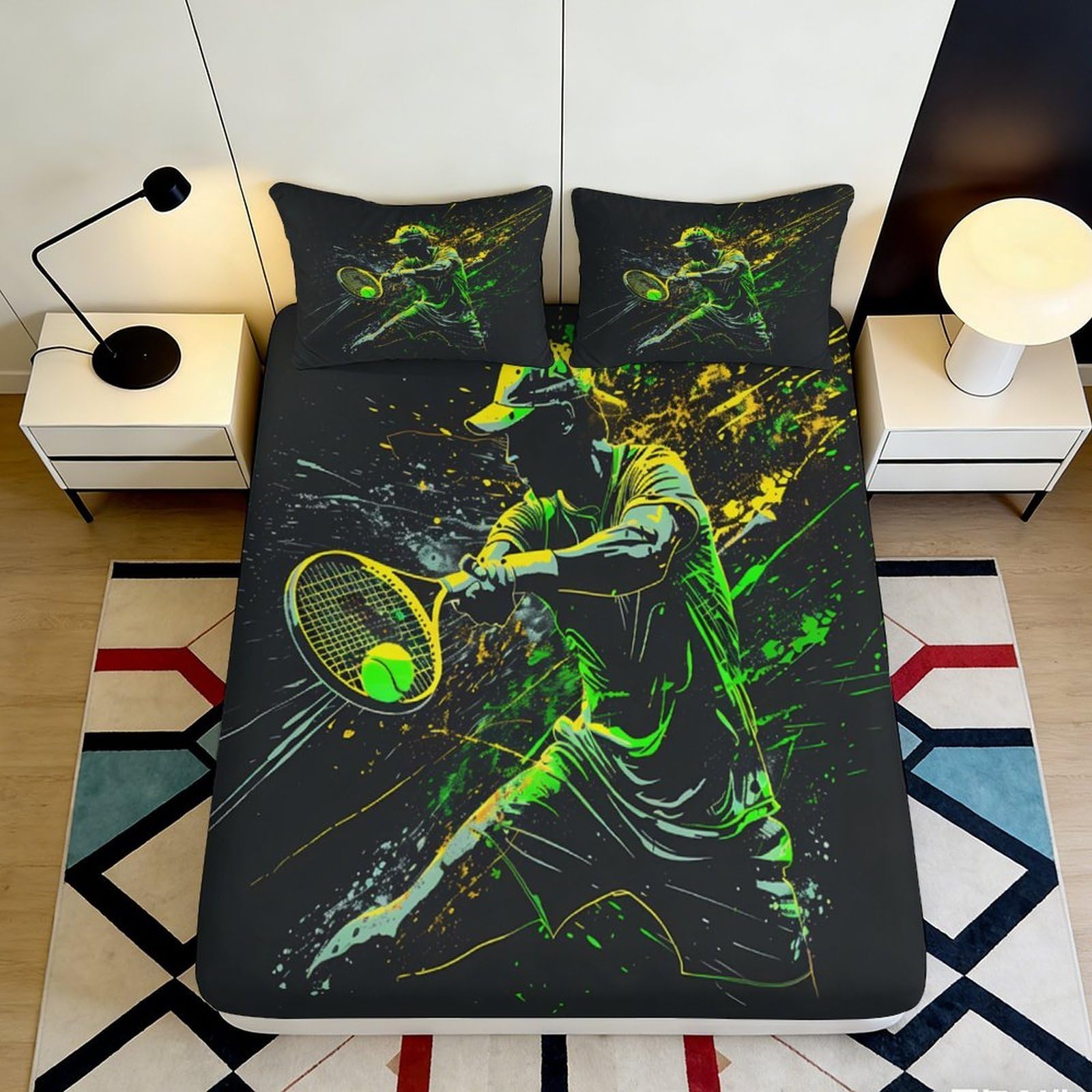 3D Printed Tennis Player Fitted Sheet Microfiber Soft Durable Abstract Sport Mattress Cover for Bedroom Dormitory Guest Room Protection Decor 90x200x25cm