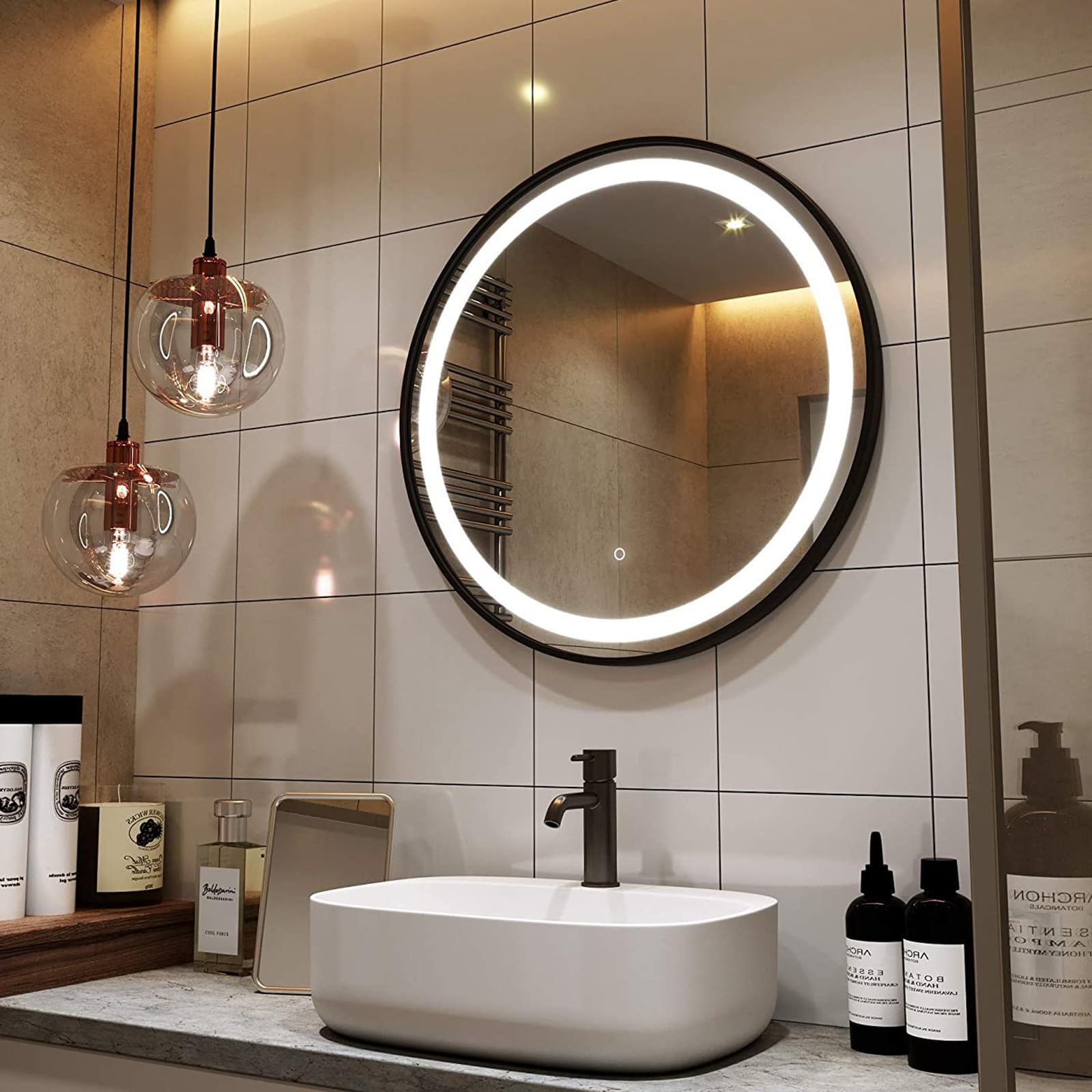 NOIRDA Espejo de baño Redondo con luz, 40 cm, 50 cm, 60 cm, 70 cm, 80 cm, Espejo de Pared con Marco de Metal Negro, Espejo de tocador con luz Regulable e Interruptor táctil(50cm/19.7in)