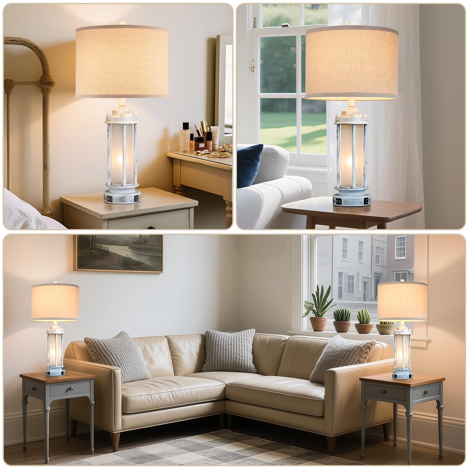 AIEAMPDO Lot de 2 lampes de table rustiques de 63,5 cm, lampes de chevet vintage avec 2 ports USB, lampe de bureau blanche antique avec veilleuse en verre pour salon, chambre à coucher, dortoir, 4