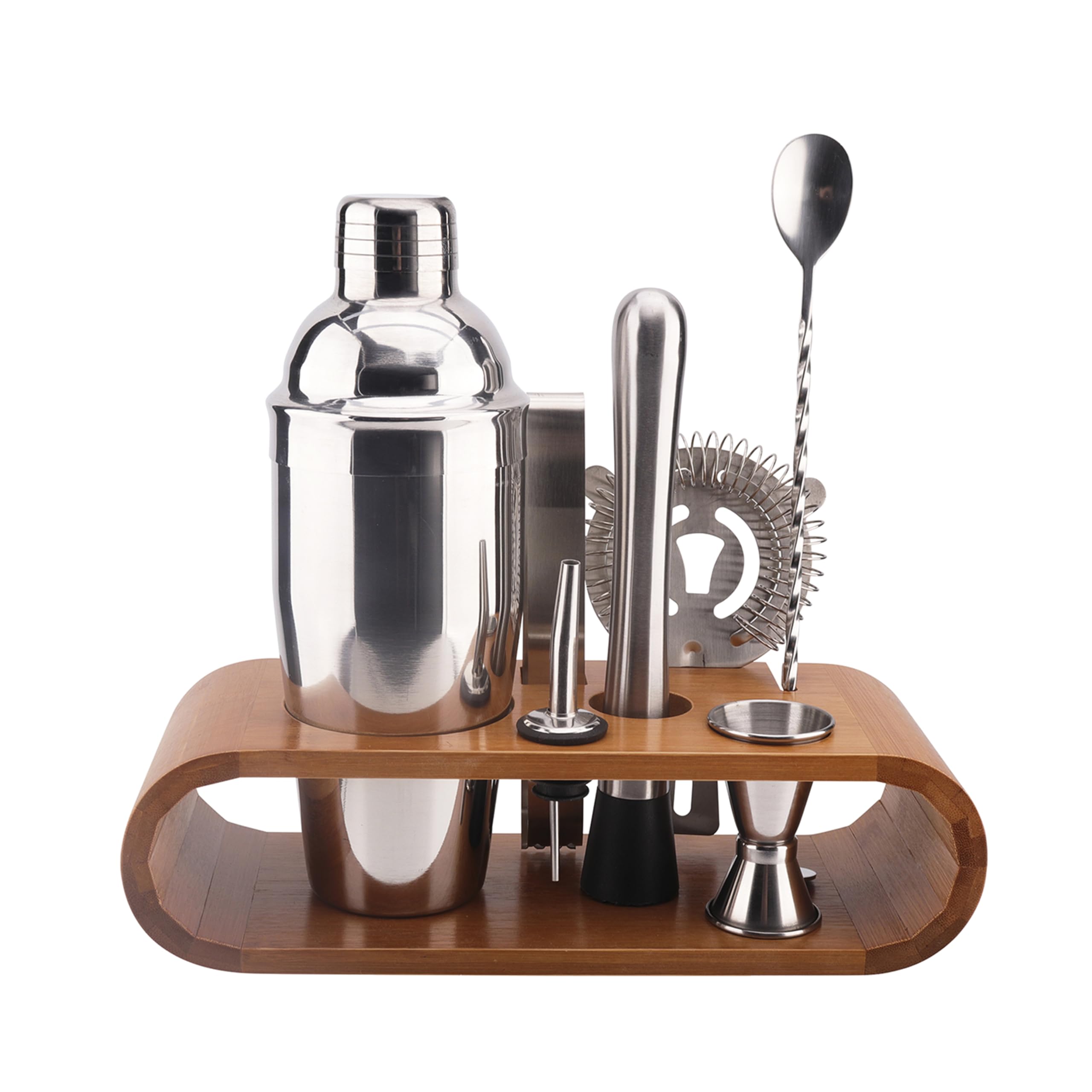 COOK CONCEPT - KV7303 Coffret Complet à Cocktail avec Support en Bambou - Shaker, Pilon, Passoire, Cuillère, Verre Doseur, Bouchon Verseur, Pince - 27.6 x 25 x 10.5 cm - Couleur Argent