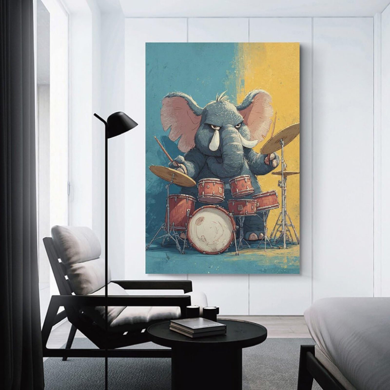 Junmoney Unframe-Style-15 Elephant Drummer Cartoon Illustration Canvas Wall Decor, 08X12inch(20X30cm), For Wall Displays, Bedrooms Or Room Updates, Wall Decor Suited To Curated Displays
