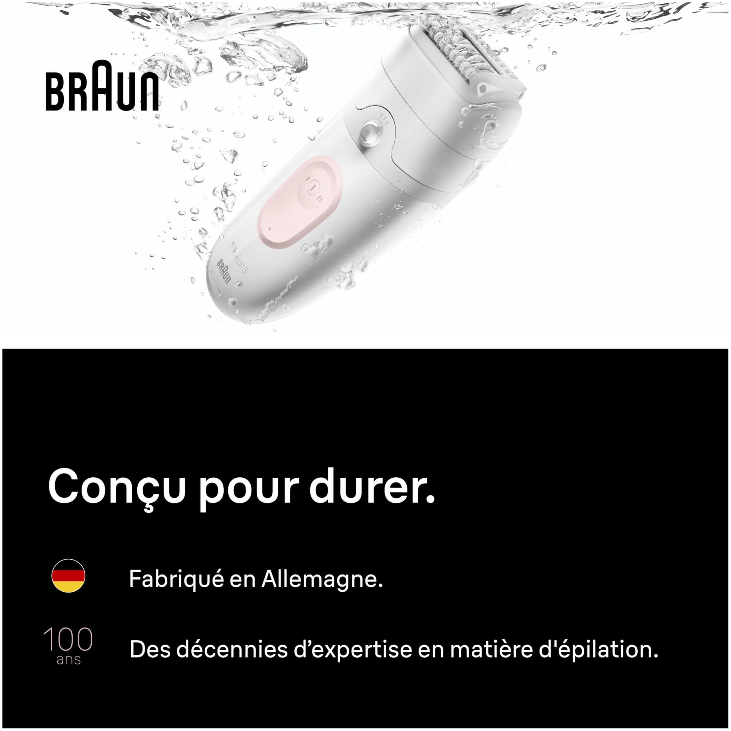 Braun Epilateur Electrique Femme Silk Epil 5, 5-030, Blanc et Rose Flamant – Etanche, sans Fil, Embout Rouleau de Massage, Coffret Epilation avec Tête de Rasage, Sabot Tondeuse