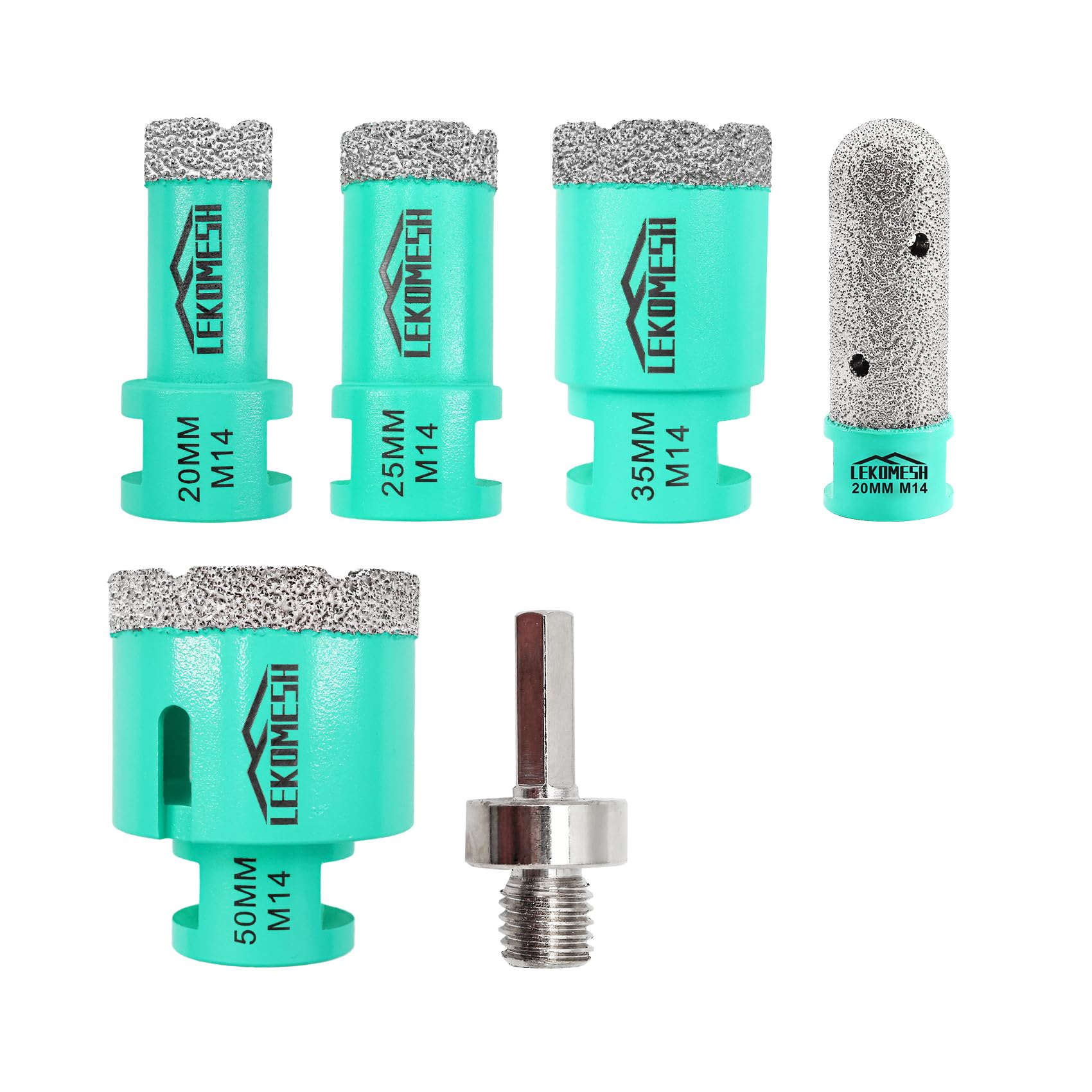LEKOMESH Diamond Tile Hole Cutter - 6 pcs Drill Bits Hole Saw Set (20/25/35/50mm+20mm Finger Bit+Adapter) for Porcelain Tile Ceramic Marble Granite Stone, M14 Thread