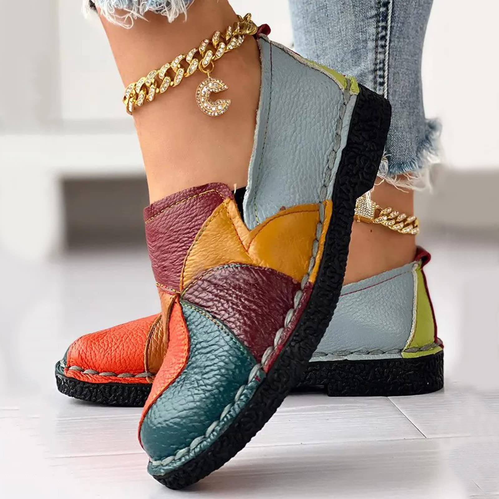 Zapatos de maternidad para mujer, de piel, planos, para caminar, ligeros, transpirables, de tela, para el día a día, patchwork