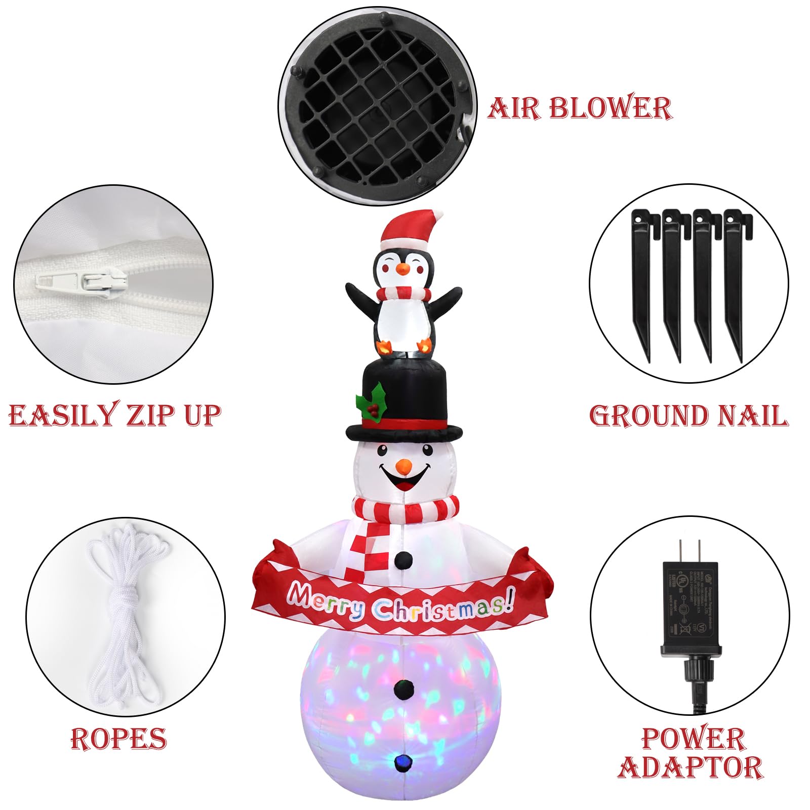 LOMOHOO Aufblasbarer Schneemann-Dekoration, aufblasbarer Schneemann-Pinguine mit eingebauten rotierenden bunten LED-Lichtern, Outdoor-Weihnachtsdekoration für Hof, Garten, Rasen, Veranda, Urlaub