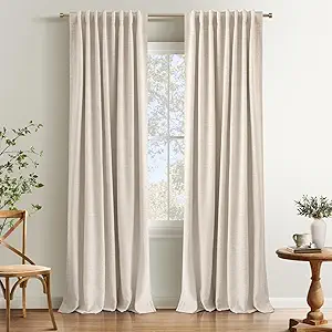 INOVADAY 100% Blackout Curtains 105 Inches Length 2 Panels Set, Back Tab/Rod Pocket Linen Black Out Curtains for Bedroom, Thermal Insulated Window Drapes - Cream, W50 X L105
