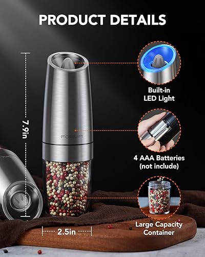Miniatura 12 de FORLIM Gravity - Juego de molinillo eléctrico de sal y pimienta, molinillo automático de pimienta, molinillo de pimienta, funciona