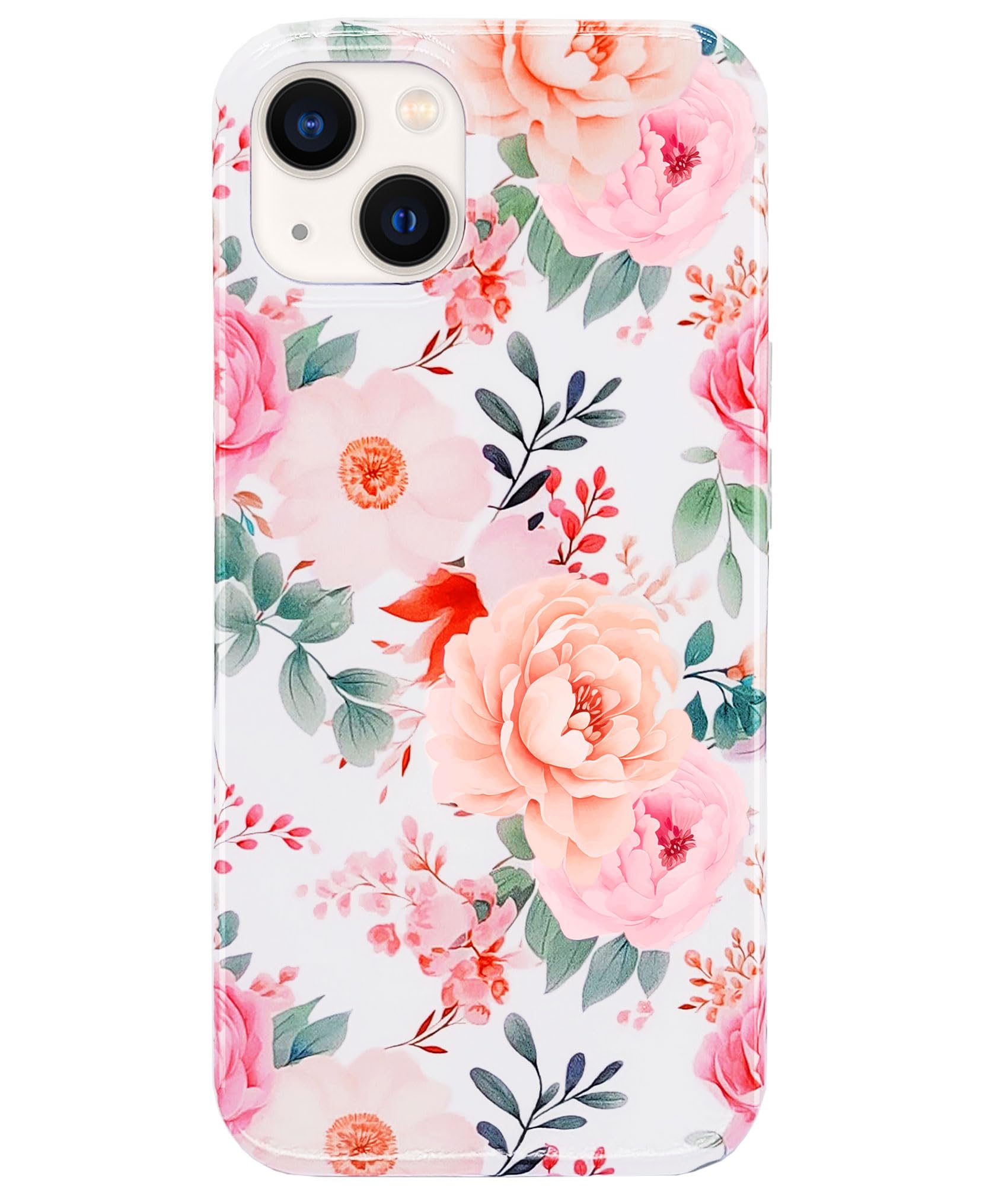 J.west Compatible with iPhone 13 Case 6.1-inch,Slim Soft Pink Floral Case Cute Garden Flower Prints Shockproof TPU Bumper Botanical Cover for Girls