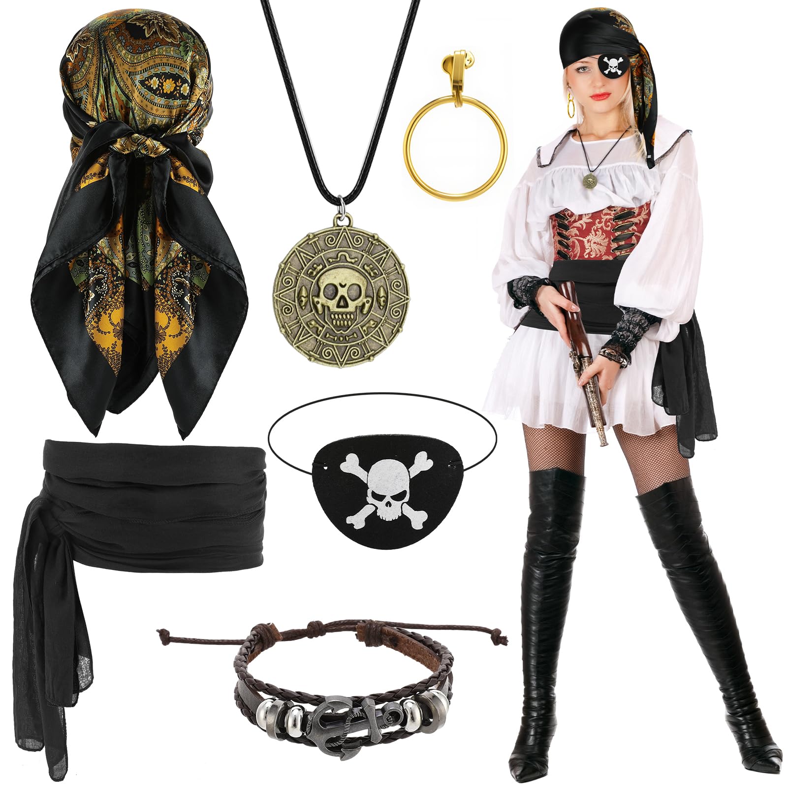 GSrenyu 6 Pcs Pirate Costume Accessories Adult Women, Medieval Pirate Bandana, Belt, Eye Patch, Earring, Necklace & Bracelet for Fancy Dress, Captain Role play, Halloween Party
