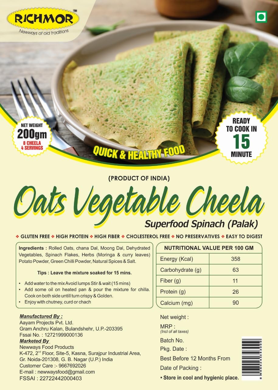 RICHMOR Protein Oats Vegetable Chilla Mix | Plant based | Nutritious | High Fiber | No Palm Oil | No Trans-Fat | Ready to Cook | Quick and Healthy Food | High Protein Premix - 200g Pack 1