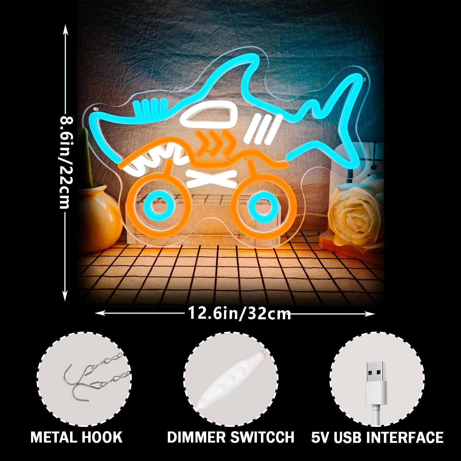 Shark Truck Neon Sign for Wall Decor Dimmable Monster Truck Light Monster Truck Room Decor for Boys Monster Truck Wall Decor for Bedroom Living Room Game Room Man Cave