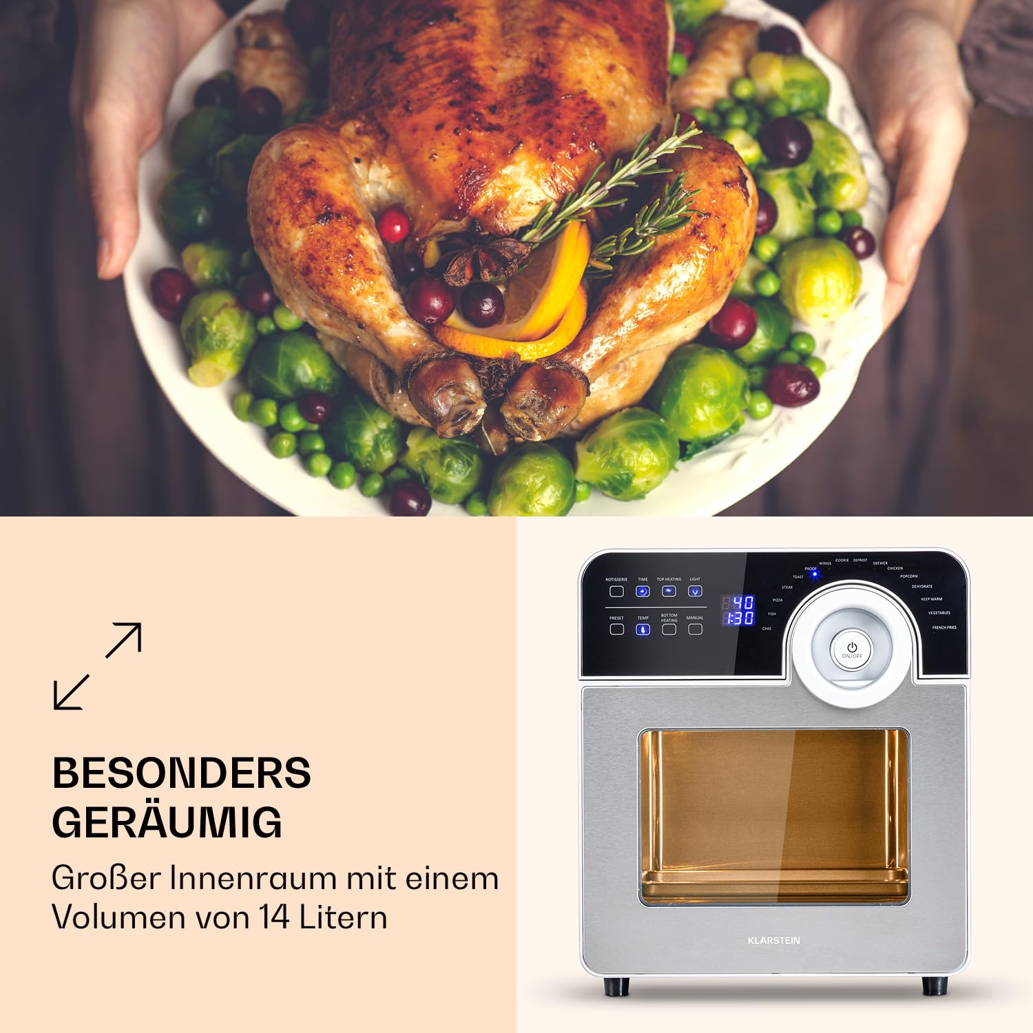 Klarstein AeroVital Cube Chef Heißluftfritteuse - 1700 W Heissluftfriteuse, Airfryer mit Touchscreen, 16 Programme, 50-220 °C, 14 L, ca. 10 h Zeitvorwahl, Edelstahl, silber