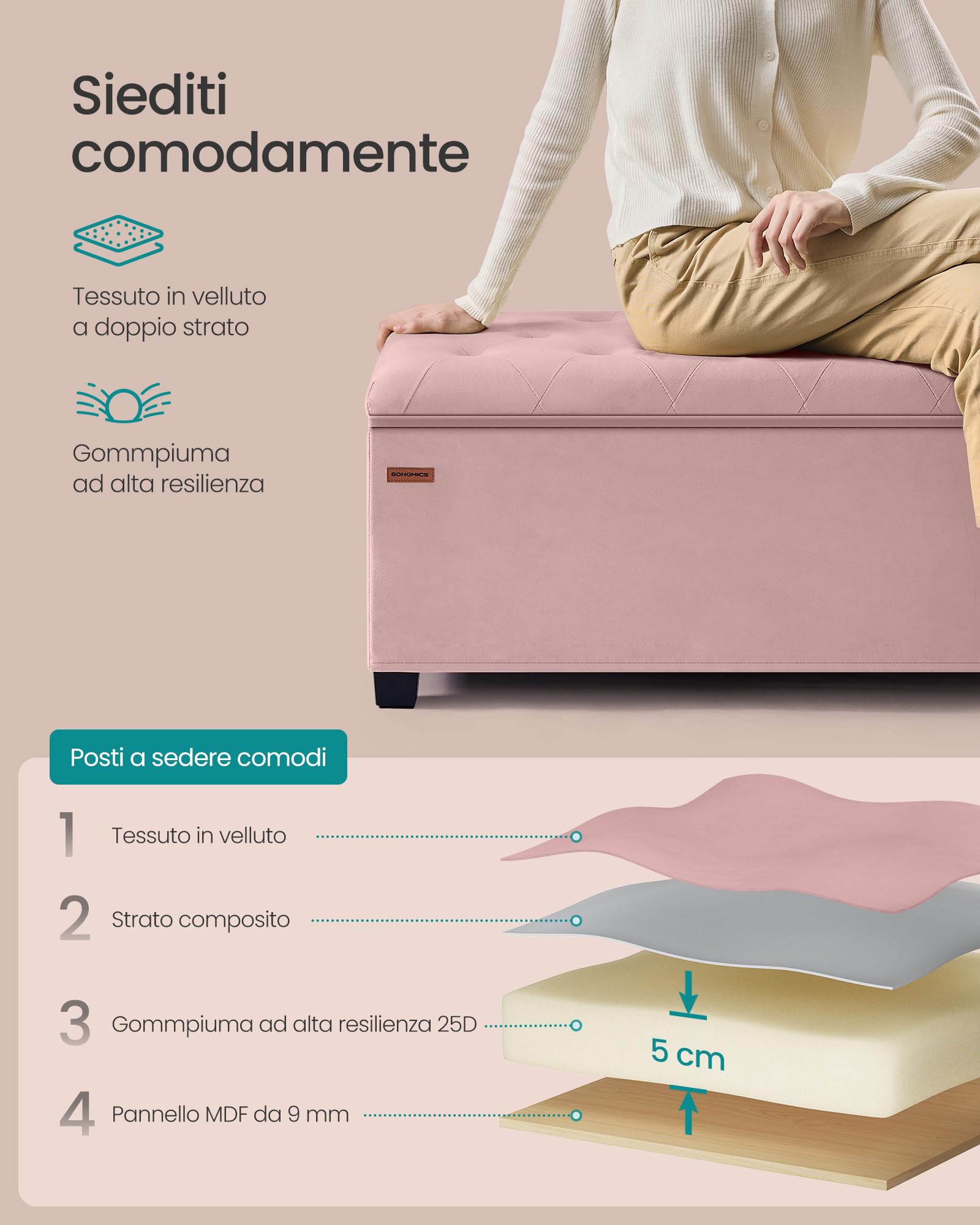 Cassapanca Pouf Contenitore SONGMICS - Ottomano Con Gambe In Legno, Rosa Pastello 40x110x40 Cm, Porta Fino A 300 Kg - Foto 4