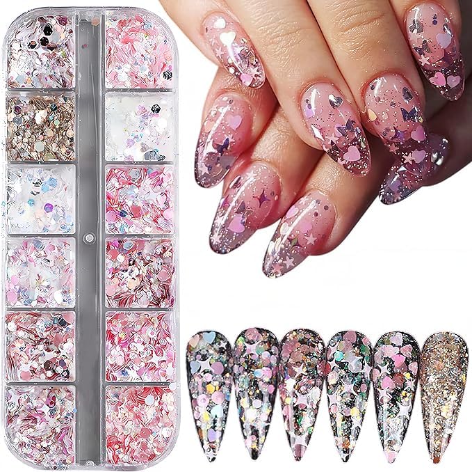 Tazweeq 12 Grids Mixed Star Fragment Nail Art Glitter Sequins, Holographic Heart Nail Sequins, Hexagon Sparkles Star Design, Laser Nail Flakes Glitters, Accessories for Manicure DIY Nail Decoration