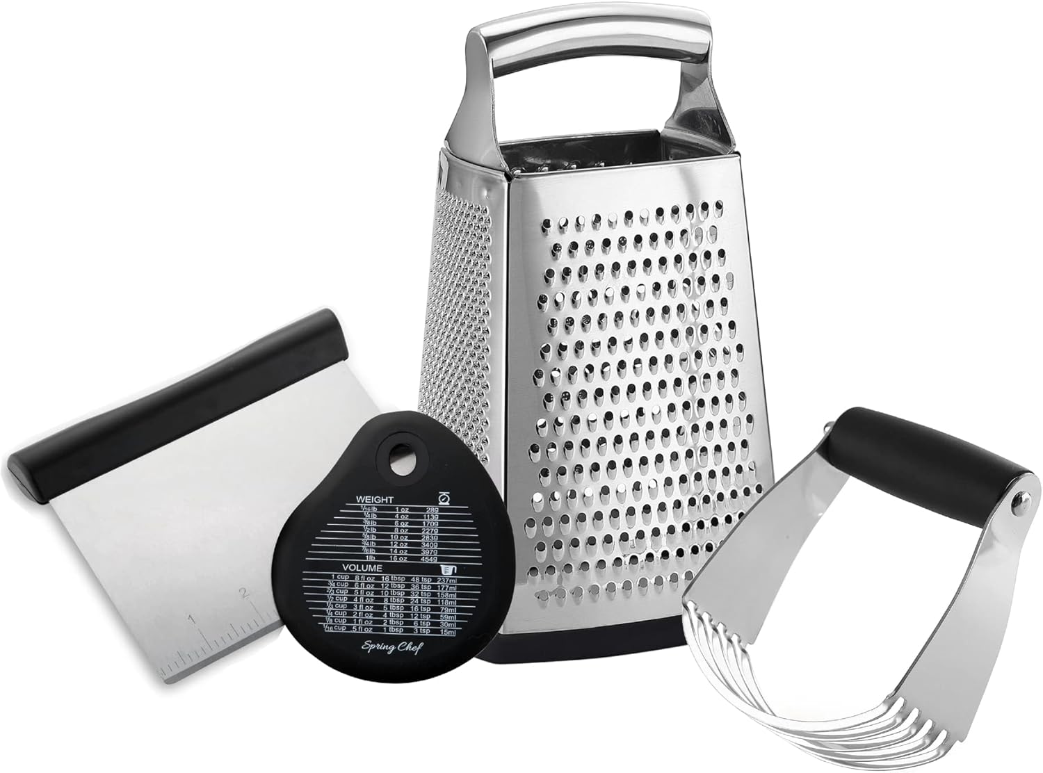 Spring Chef Pizza Bundle - Medium Dough Blender, Large Box Grater & Bench Scraper with Silicone Bowl Scraper