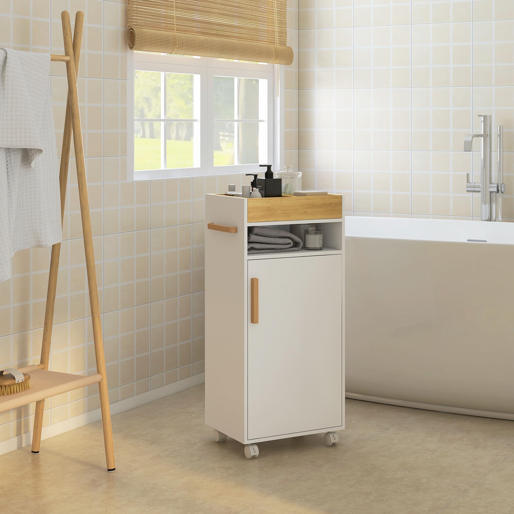 kleankin Armario de Baño Moderno con Ruedas 40x30x88 cm Blanco y Roble | Mueble Auxiliar de Baño, Mueble de Suelo, Estantes Ajustables, Bandeja Extraíble