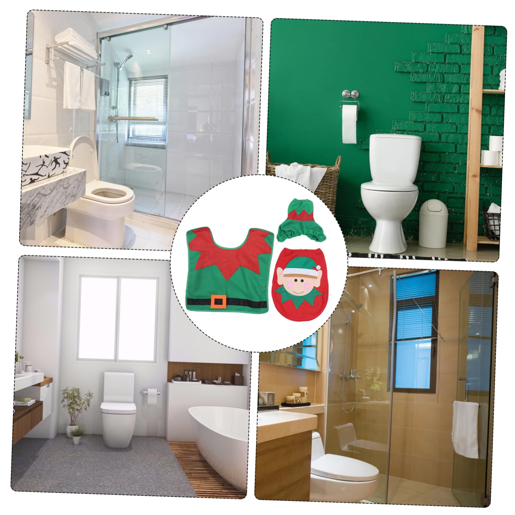 Anneome Decorate Your Bathroom in Elf Style Christmas Toilet Seat Cover and Rug Set for Xmas Holidays