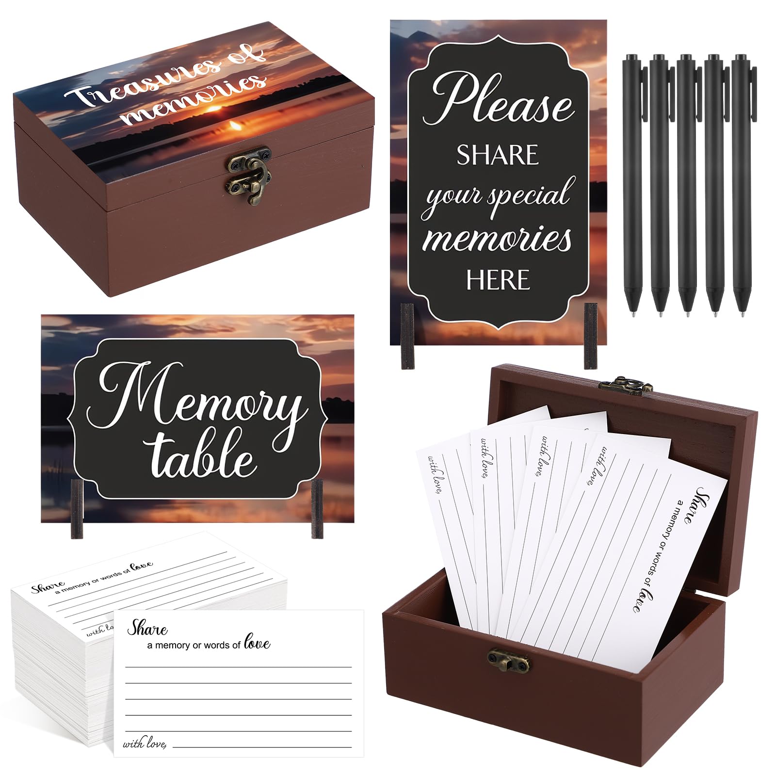 Gilprop 112 Pcs Celebration of Life Memory Cards Set Share a Memory Cards with Box 2 Wood Sign with 4 Hold and 5 Pens, Sympathy Memorial Gifts Funeral Keepsake Decorations(Dusk) — image 1