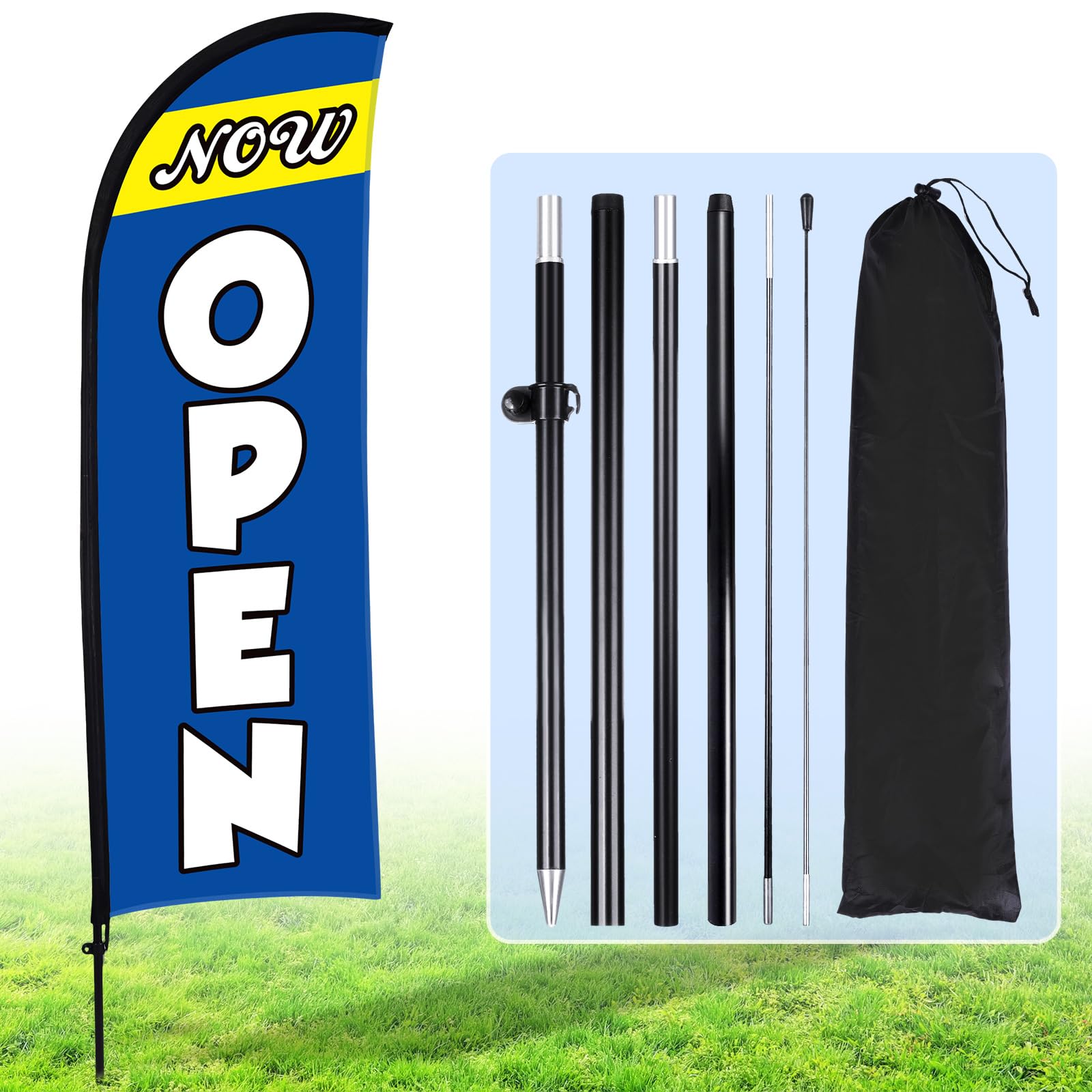 Buryeah Now Open Flag Banner for Business Advertising 7 x 5.4 ft Feather Flag Sign with Flagpole Ground Stake Portable Bag Opening Signs Banner Set