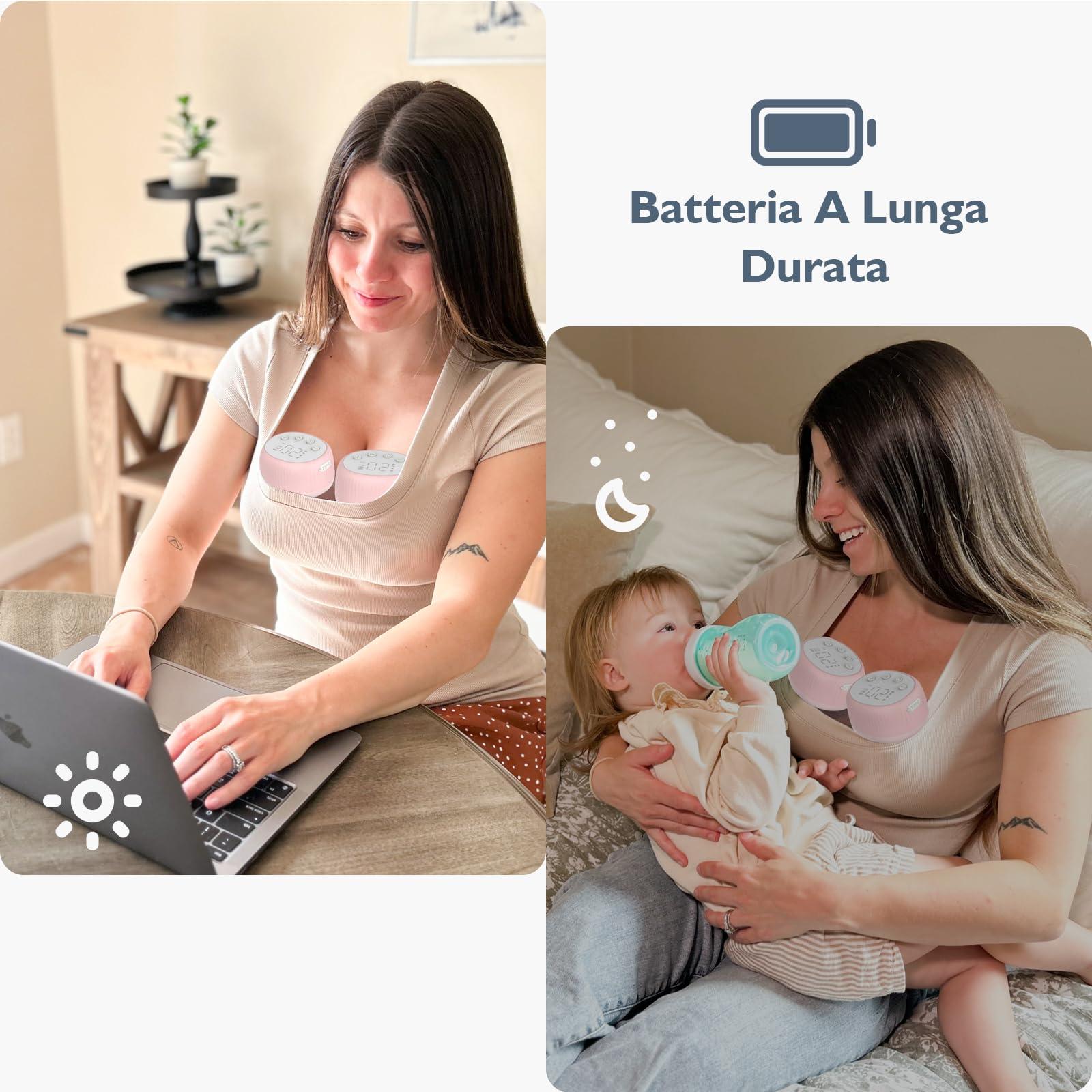 MOMMED Tiralatte Elettrico Doppio, MY-385 Aspira Latte Materno Portatile, 4 Modalità & 12 Livelli, Sistema Chiuso Anti-Perdita, 24 mm Tiralatte e 19 & 21 mm Inserti per Flange, 2 Unità