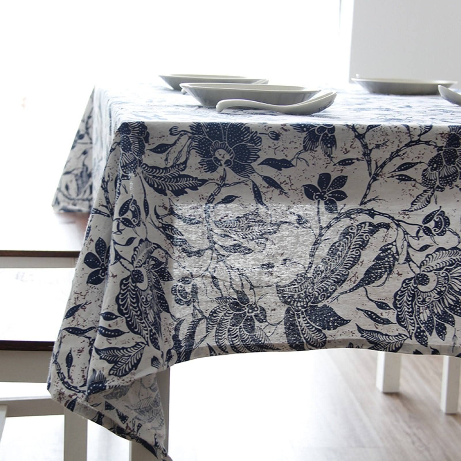Tovaglia Rettangolare Lino Grezzo Copritavolo Cotone Porcellana Blu Bianca Quadrata Antimacchia Tovaglie Stiro Blu Bianco Decorazione per Protezione Cucina 140X220Cm