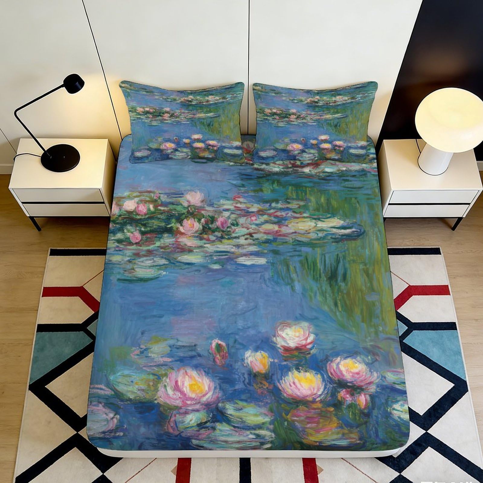 3D Printed Water Lily Pond Fitted Sheet Microfiber Soft Blue Impressionist Mattress Cover for Bedroom Guest Room Decor 90x200x25cm