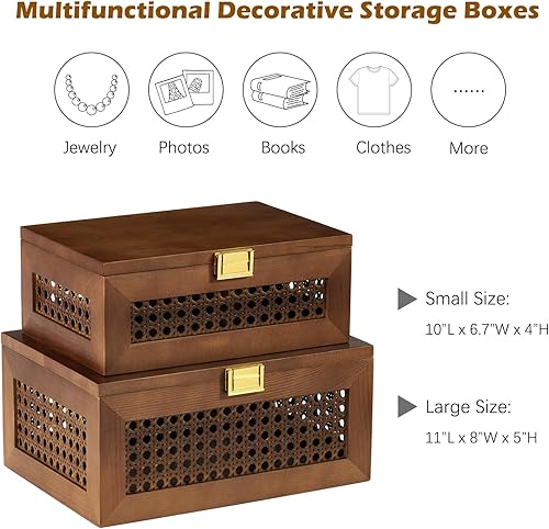 Miniatura 4 de 2 cajas de almacenamiento decorativas de ratán macizo, cestas de madera maciza con tapa, caja de joyería de recuerdo y memoria natural, bohemio,