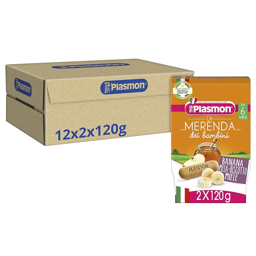 Immagine del prodotto Plasmon Omogeneizzato La Merenda dei Bambini Banana, Mela, Biscotto e Miele 120gr 24 Vaschette Con materie prime selezionate, Ricetta golosa preparata con cura