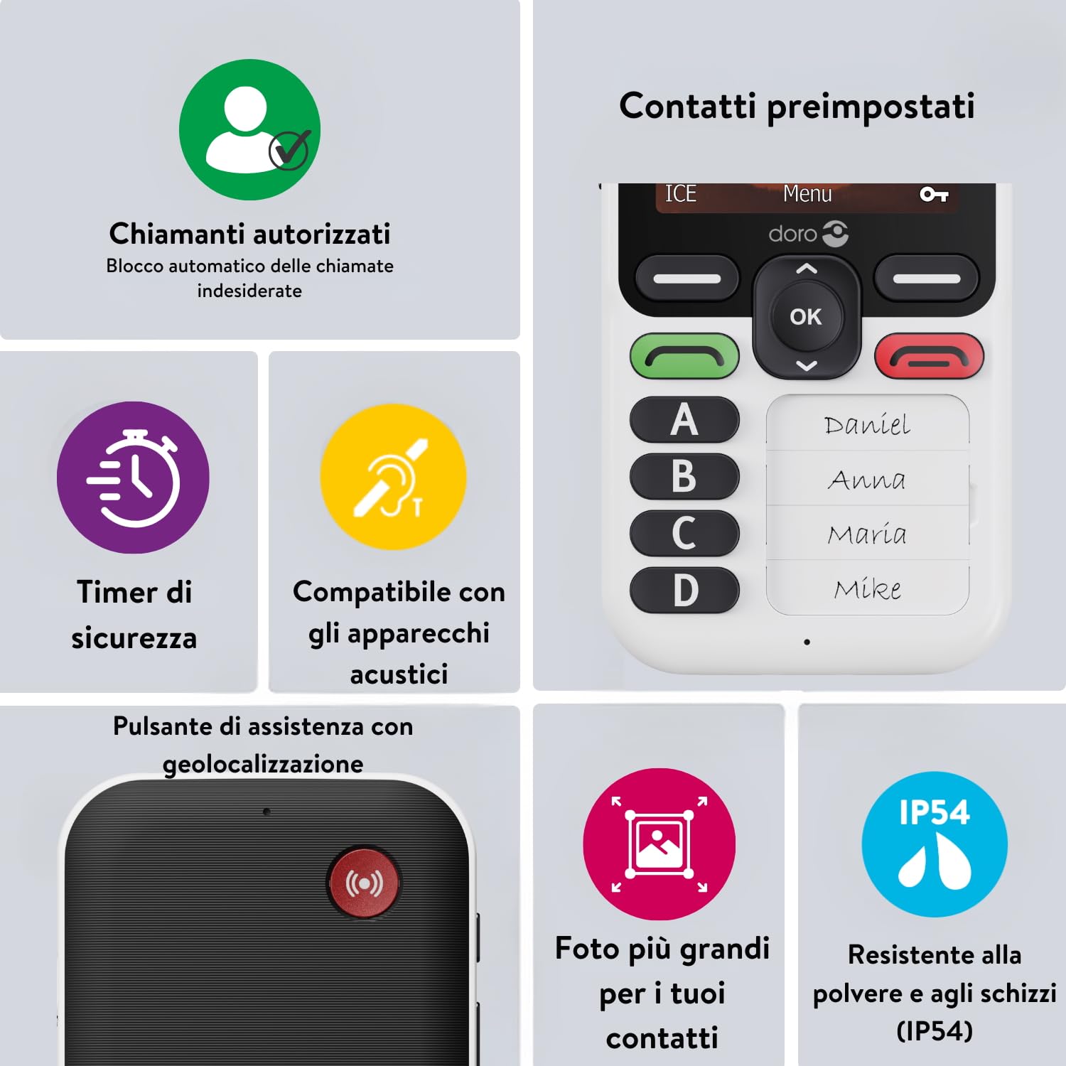 Doro Leva X10 Cellulare per Anziani 4G Semplice, 4 Numeri Preimpostati, Tasto SOS con GPS, Solo Chiamate e SMS, Bianco