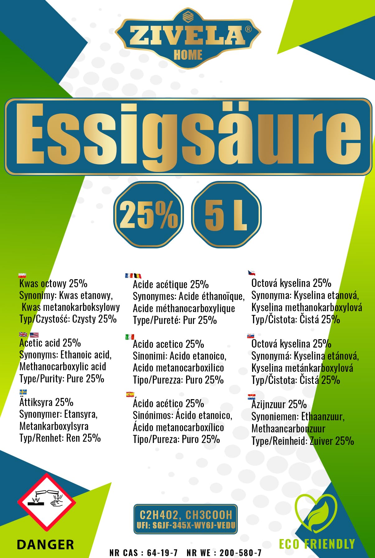 20 l di acido acetico 25% di qualità premium – il vostro tuttofare in casa | 4 x 5 l di acido acetico 25% di qualità alimentare Made in Europe