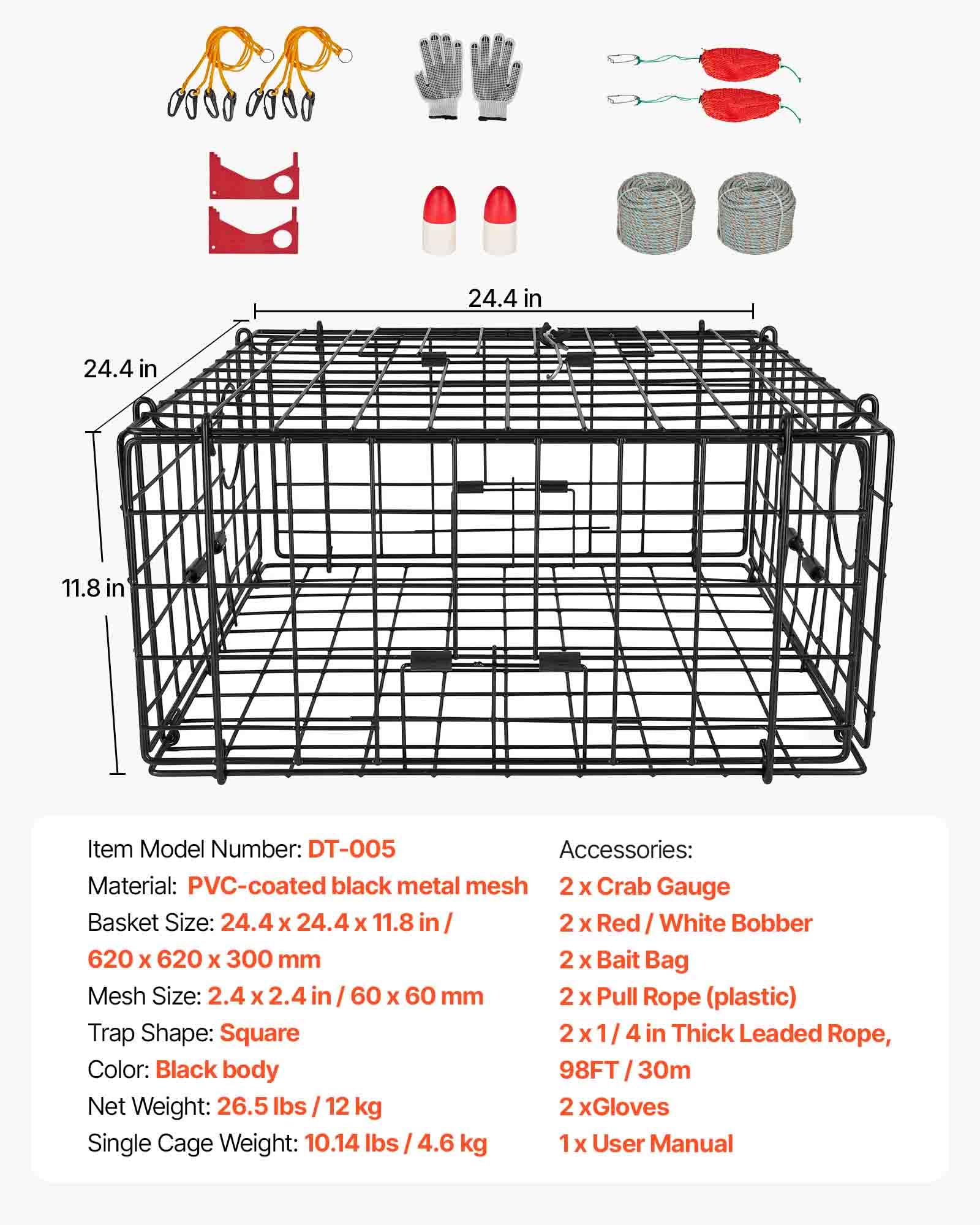 VEVOR Krabbenfalle 2er-Pack, 62 x 62 x 30 cm Krabbenreuse für Dungeness Crabs, PVC-beschichtetes Drahtgeflecht, inkl. 30 m Bleileine, Boje (Rot+ Weiß) und Handschuhen, Angelzubehör für Salzwasser