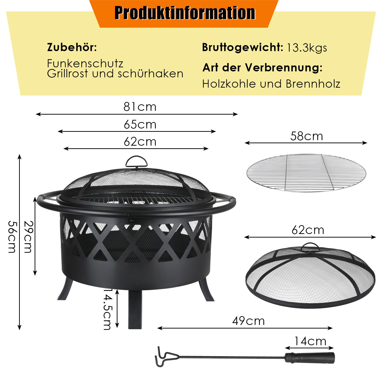 TLSUNNY Feuerschale, Feuerschalen für den Garten, Ø 81cm Feuerschale mit Funkenschutz und Schürhaken, Feuerkorb mit Grillrost(Ø 58cm), BBQ Feuerstelle Outdoor, für Gartengrills, Campingheizung, Groß
