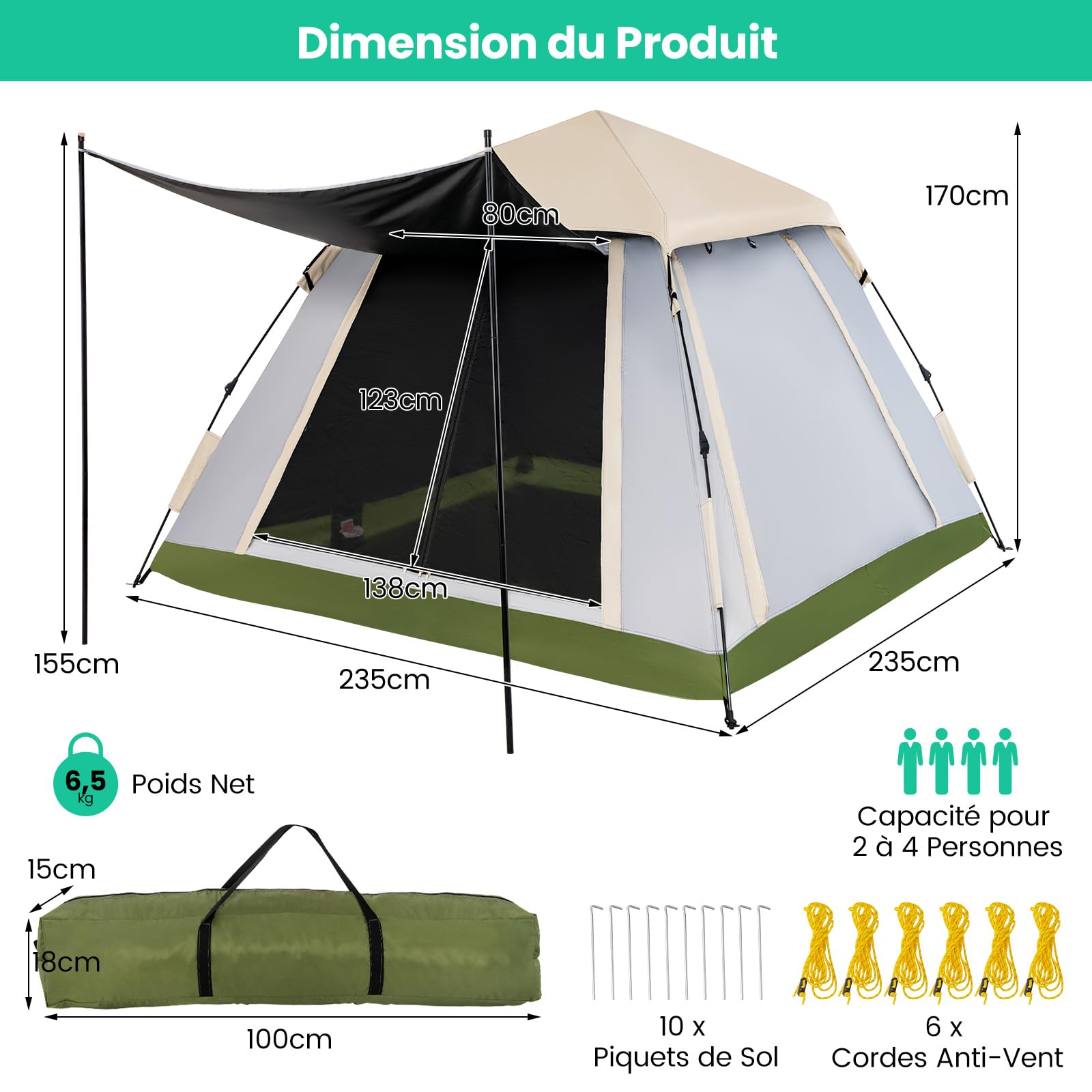 COSTWAY Tente de Camping Instantanée 2-4 Personnes, Tente Pop-up avec Auvent Amovible 2 Fenêtres en Maille 2 Portes Zippées Sac de Transport, Imperméable et Portable pour Camping Randonnée