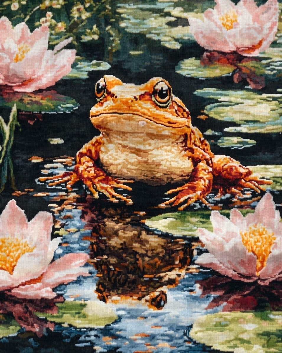 WallustrioaW Cross Stitch Kits,Frogs in the Pond,DIY Needlework Kits 11CT Stamped Cross Stitch for Beginners Adults Home Bedroom Decoration,16x20in