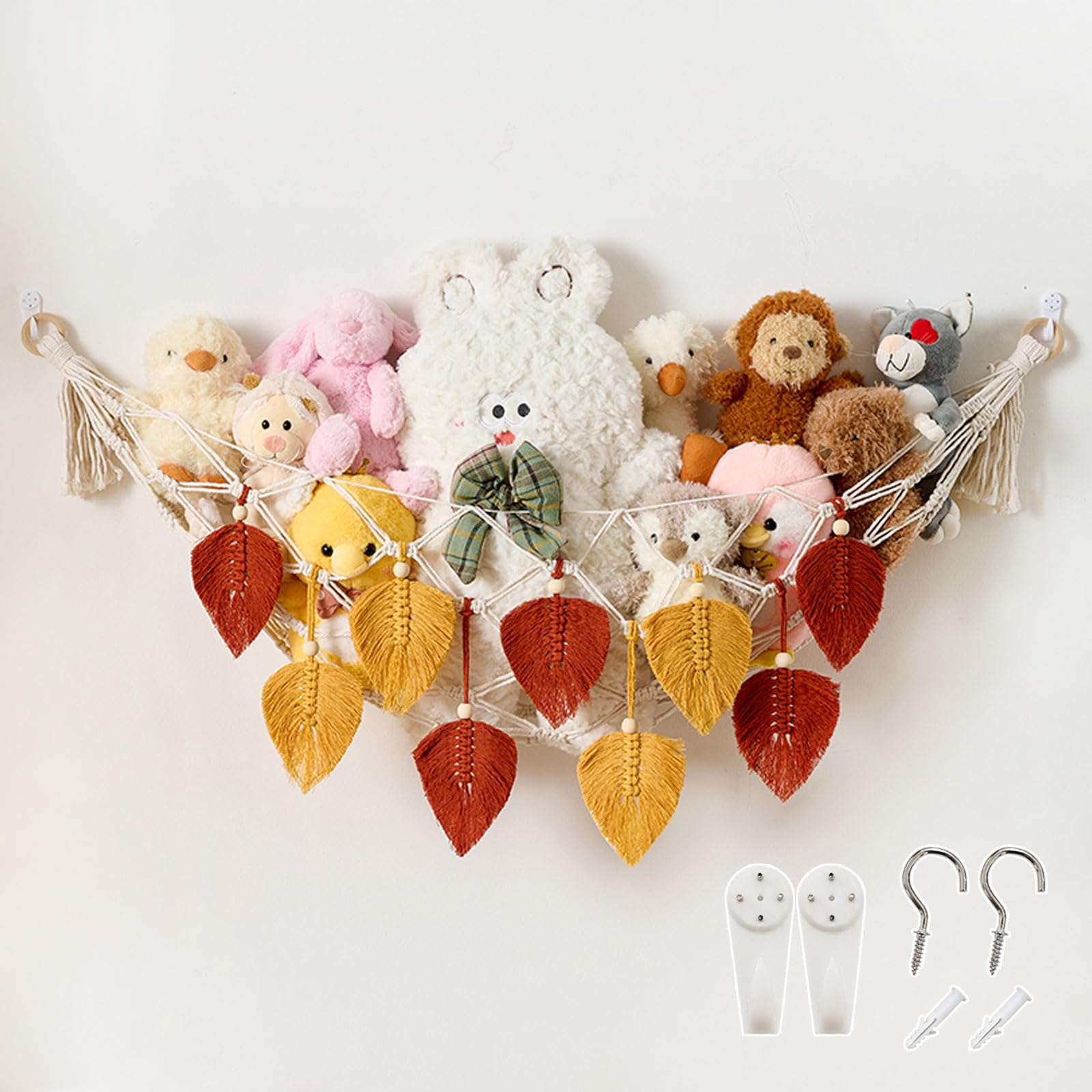 Pretty Jolly Stuffed Animal Hammock with Leaves Moon Shaped Boho Macrame Wall Hanging Organizer, Hanging Stuffed Animal Storage, Nursery Room Decor