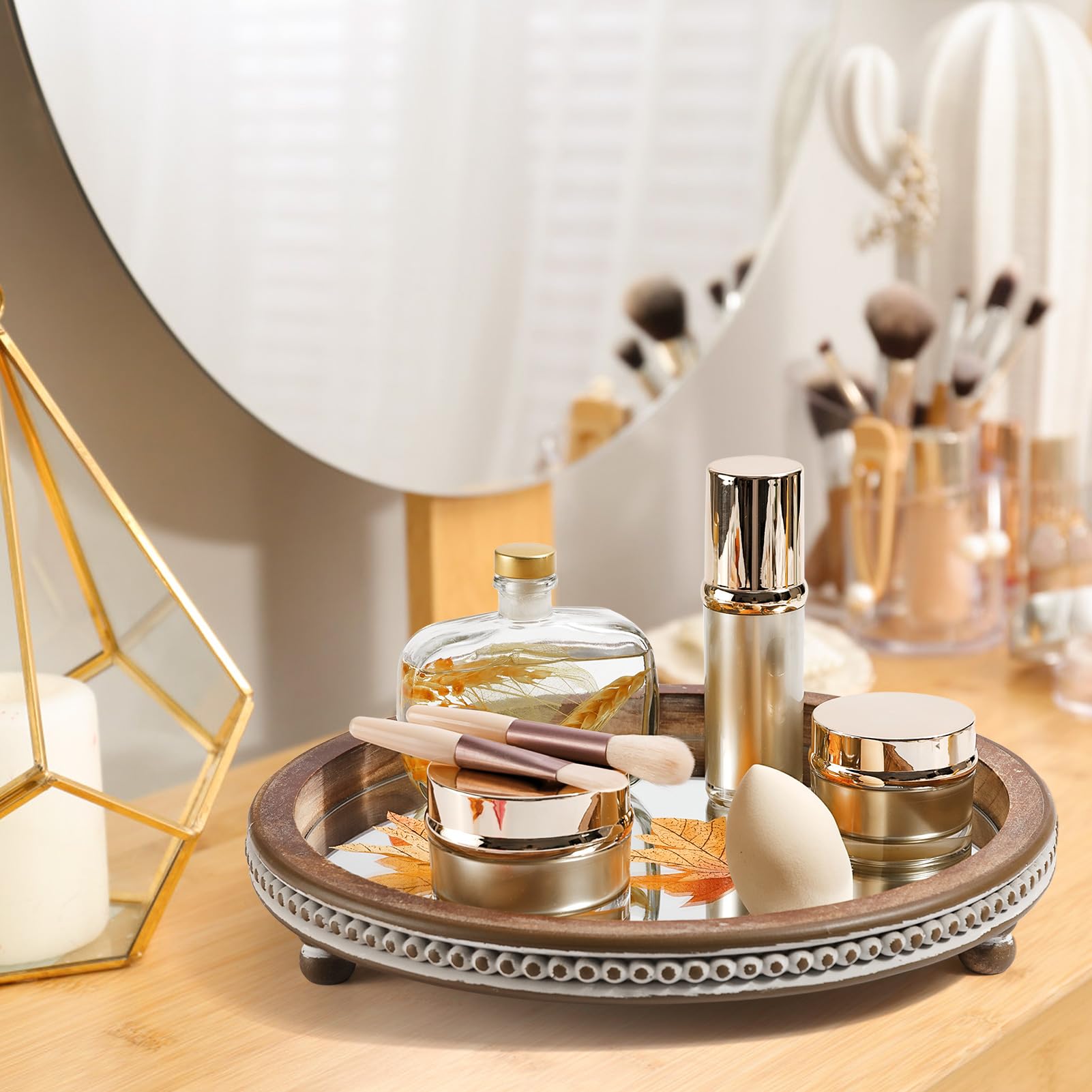 Bandeja de madera hecha a mano, bandeja de café con cuentas pequeñas, bandeja decorativa redonda de espejo para mesa de café, mesa de comedor, entrada y mesa de sala de estar, TR700 5