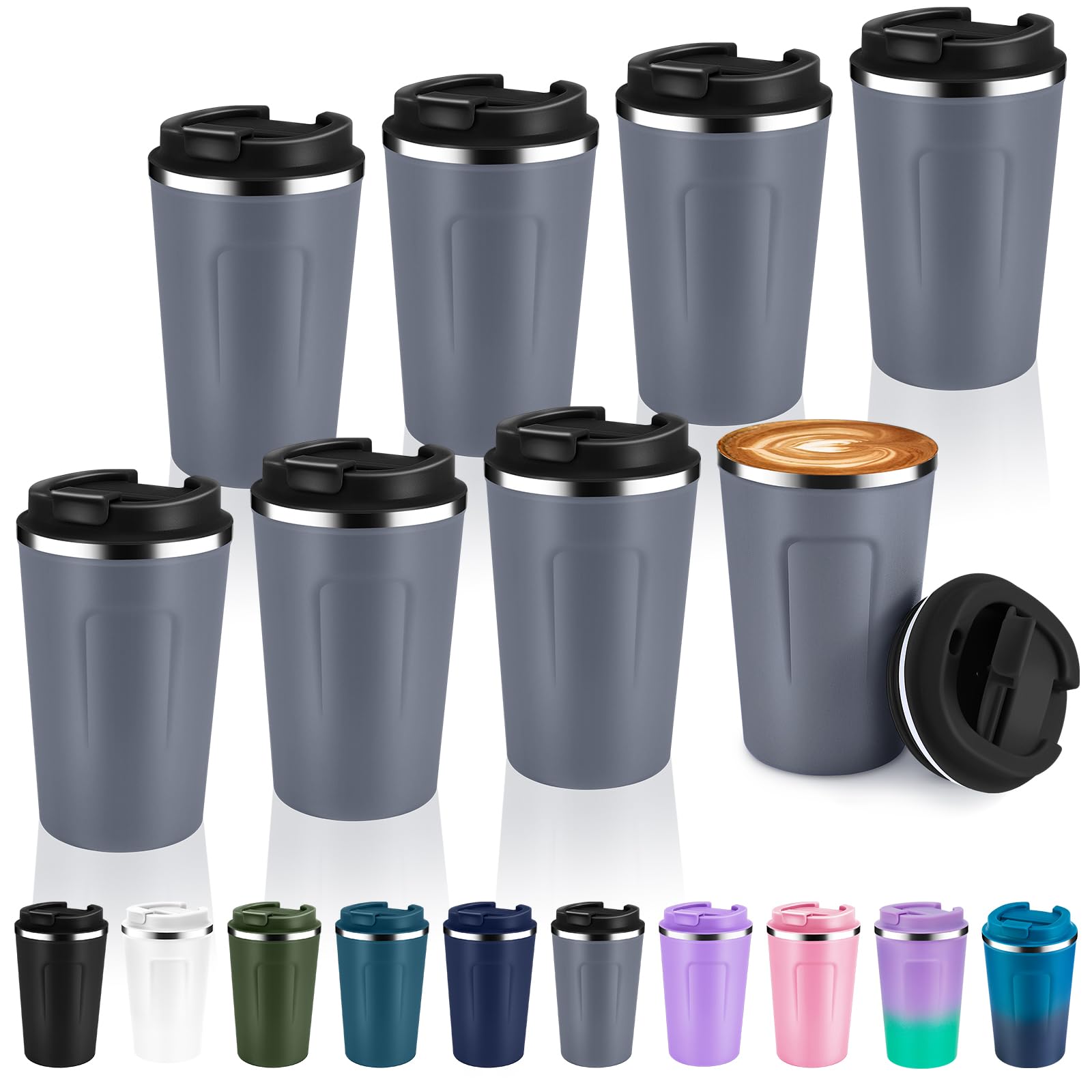 Volhoply Mug de café de voyage isotherme à vide à double paroi de 12 oz avec couvercle à rabat, lot de 8, tasse à café en acier inoxydable réutilisable étanche, gobelets thermiques portables pour