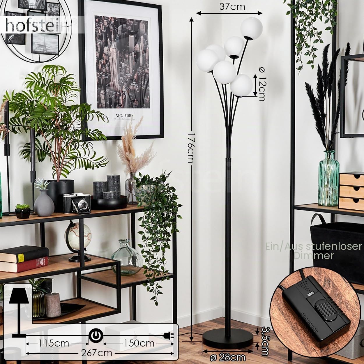 Stehleuchte Bernado, Stehlampe aus Metall/Glas in Schwarz/Weiß, Leuchte im modernen Retro/Vintage-Design mit Schirmen aus Glas (Ø 12 cm), dimmbar über Fußschalter, 6 x G9, ohne Leuchtmittel