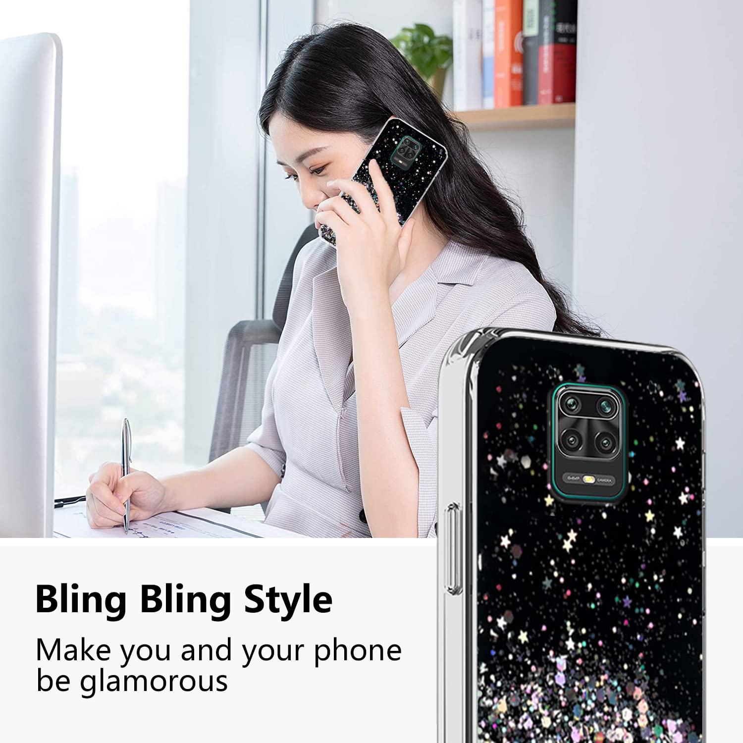 Wousunly Compatibile con Xiaomi Redmi Note 9 Pro Glitter Trasparente, Custodia Xiaomi Redmi Note 9 Pro Sottile Silicone Brillantini Case (Nero