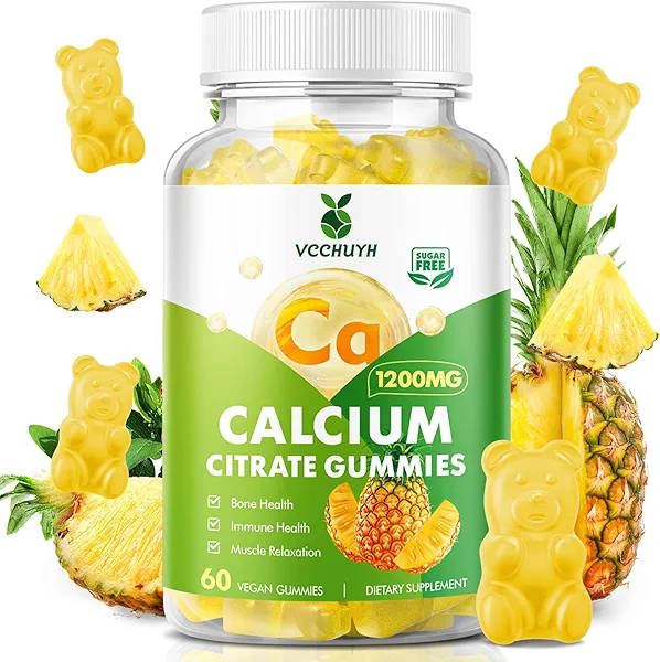VCCHUYH Calcium Citrate Gummies 1200 mg, Sugar Free Calcium Gummies for Adults & Kids, Chewable Calcium Supplements for Women, Bone & Immune Support, Pineapple Flavor 60 Count