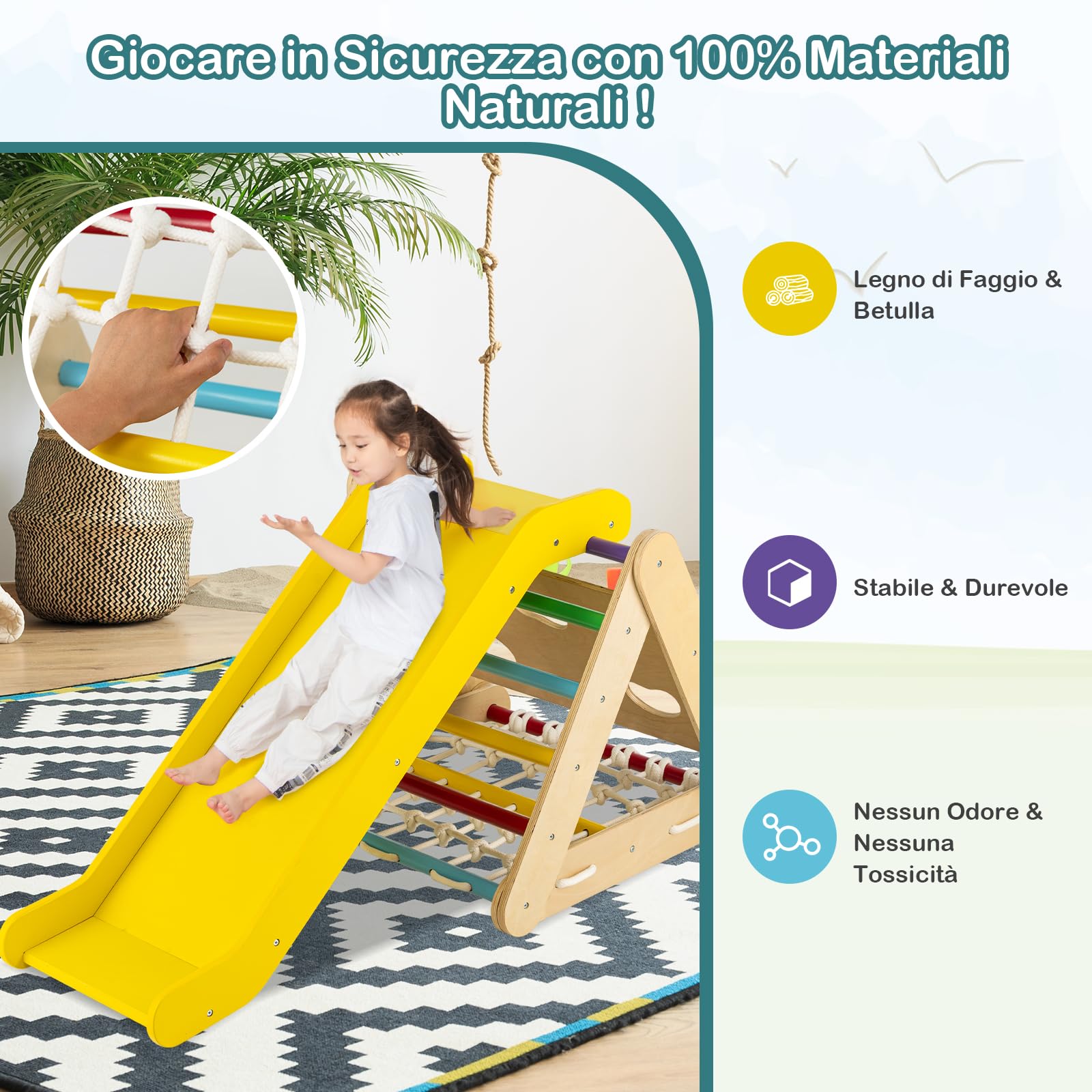 RELAX4LIFE 4 in 1 Triangolo da Arrampicata con Scivolo per Bambini, Scala per Arrampicarsi in Legno, Triangolo Montessori, Parco Divertimenti per Bimbi 1+ Anni (Colorato)