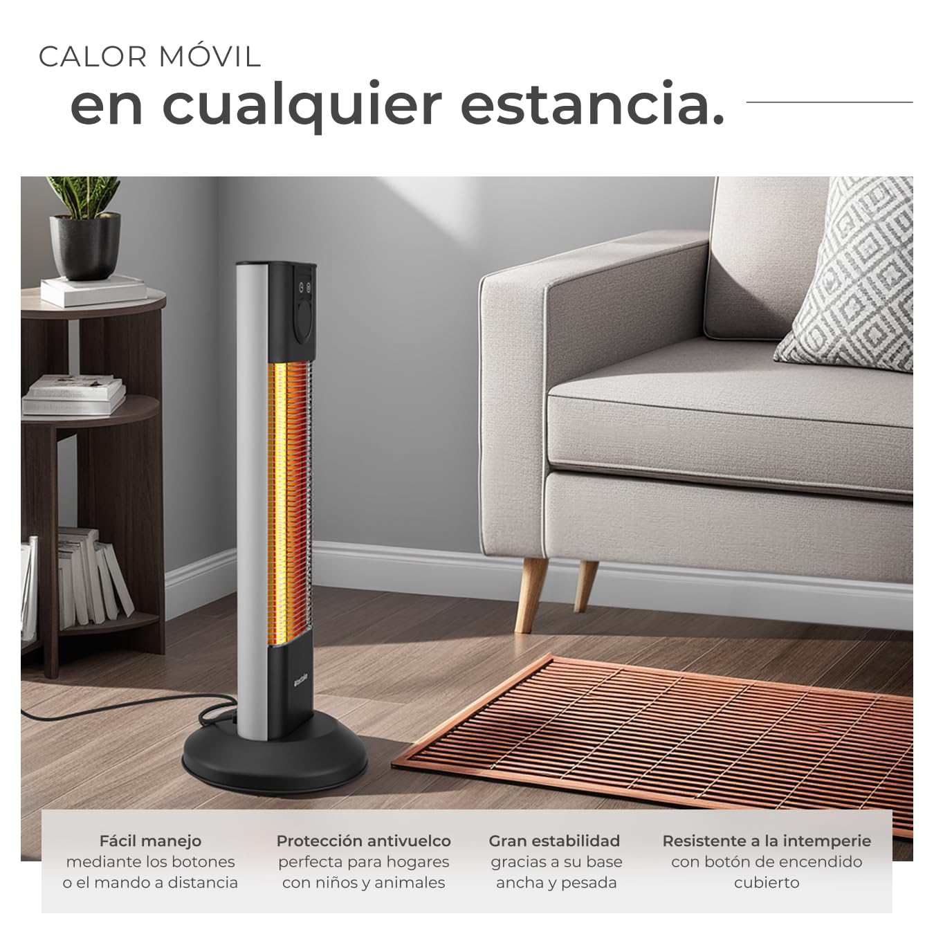 tectake® Calefactor Electrico por Infrarrojos con Pantalla LED, Temporizador, 3 Niveles de Potencia, Control Remoto, Aluminio Inoxidable, Calefactor Bajo Consumo, Terraza Exterior - Negro
