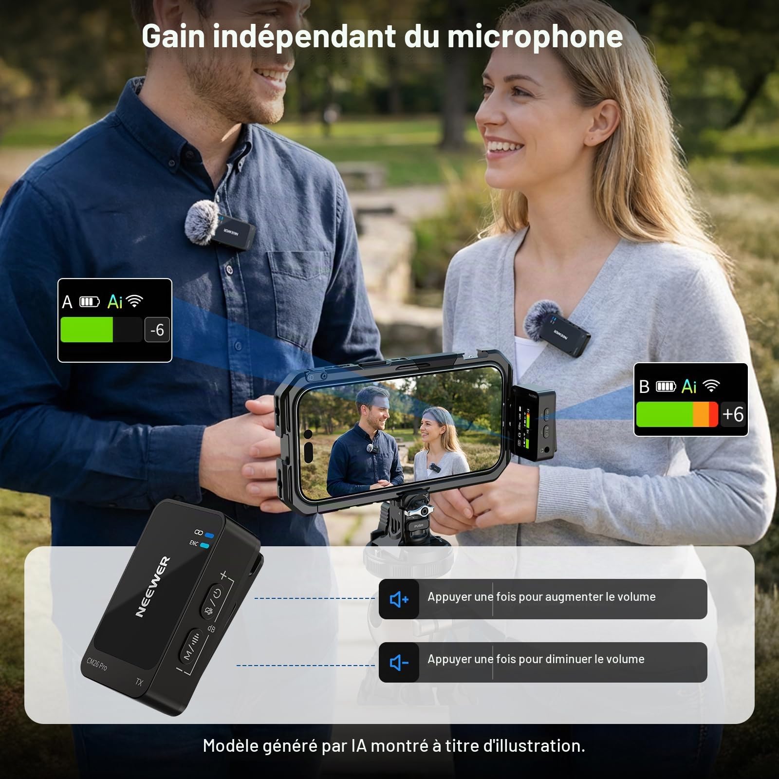 NEEWER CM26 Pro AI Microphone sans Fil Compatible avec iPhone,Android,appareils Photo&PC.Micro-Cravate avec DSP/MCU,réduction du Bruit,48 ​​kHz/24 Bits, Rapport Signal/Bruit de 88 DB, portée de 100m