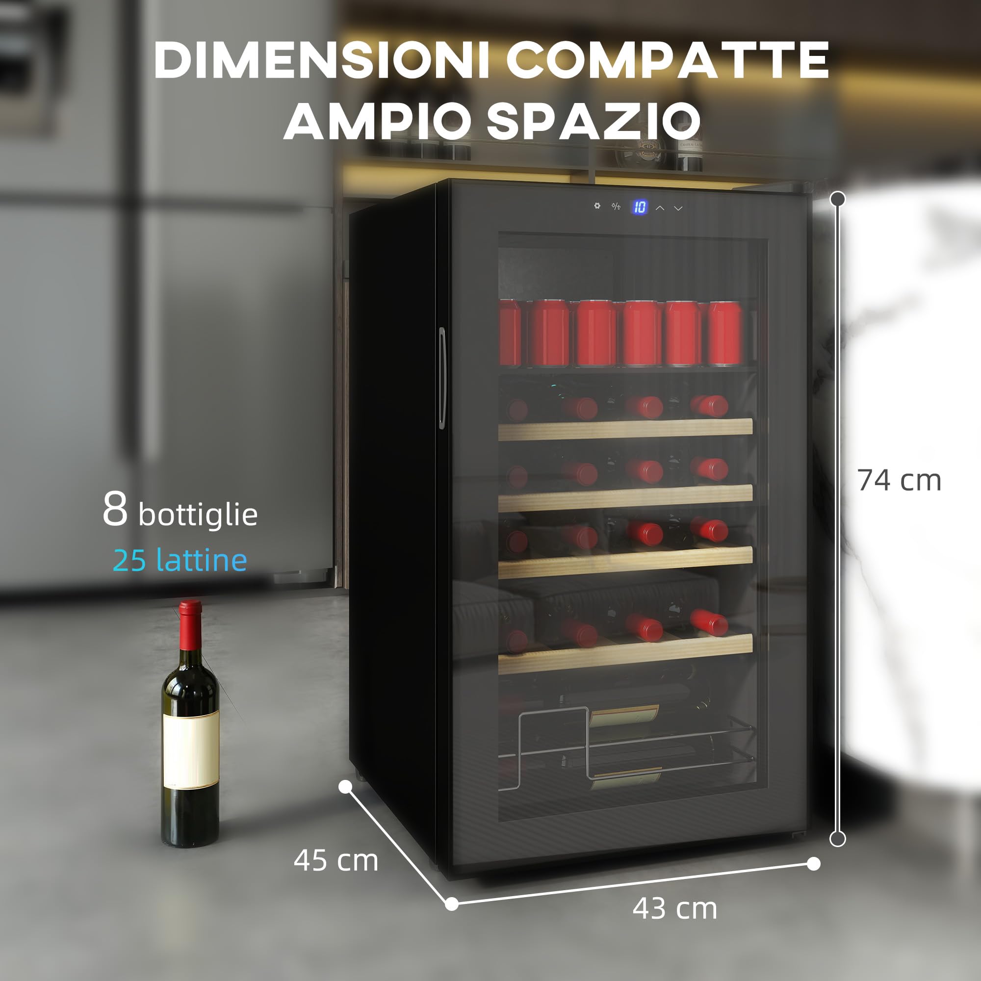 HOMCOM Cantinetta Vino Refrigerata 16 Bottiglie 63L Cantina Vino Silenziosa Temperatura Regolabile 5-18℃ Frigo Vino Bar con Vetro Anti UV, Ripiani, Compressore, Display Touch, Luci LED, Classe G